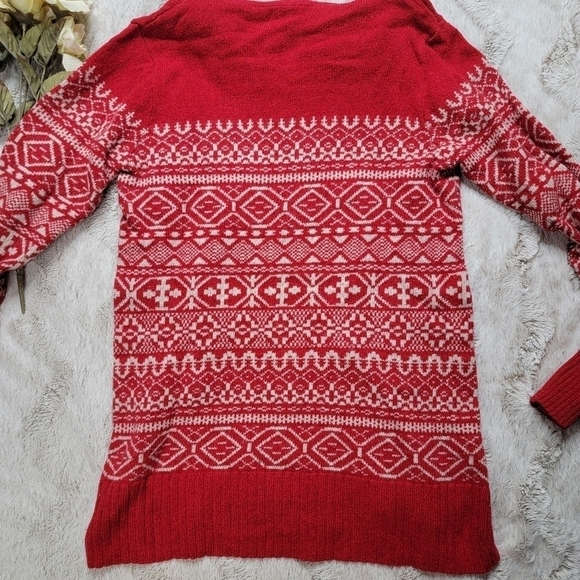 ✨️CL Eddie Bauer Soft Red Cowl Drawstring Neck Festive Winter Print Sweater Sz S - Picture 10 of 12